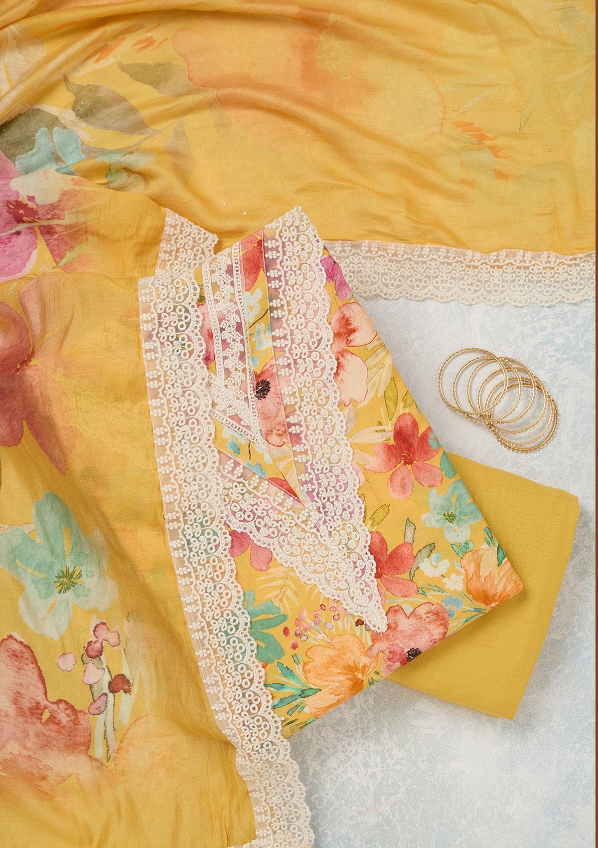 Yellow Threadwork Semi Crepe Unstitched Salwar Suit