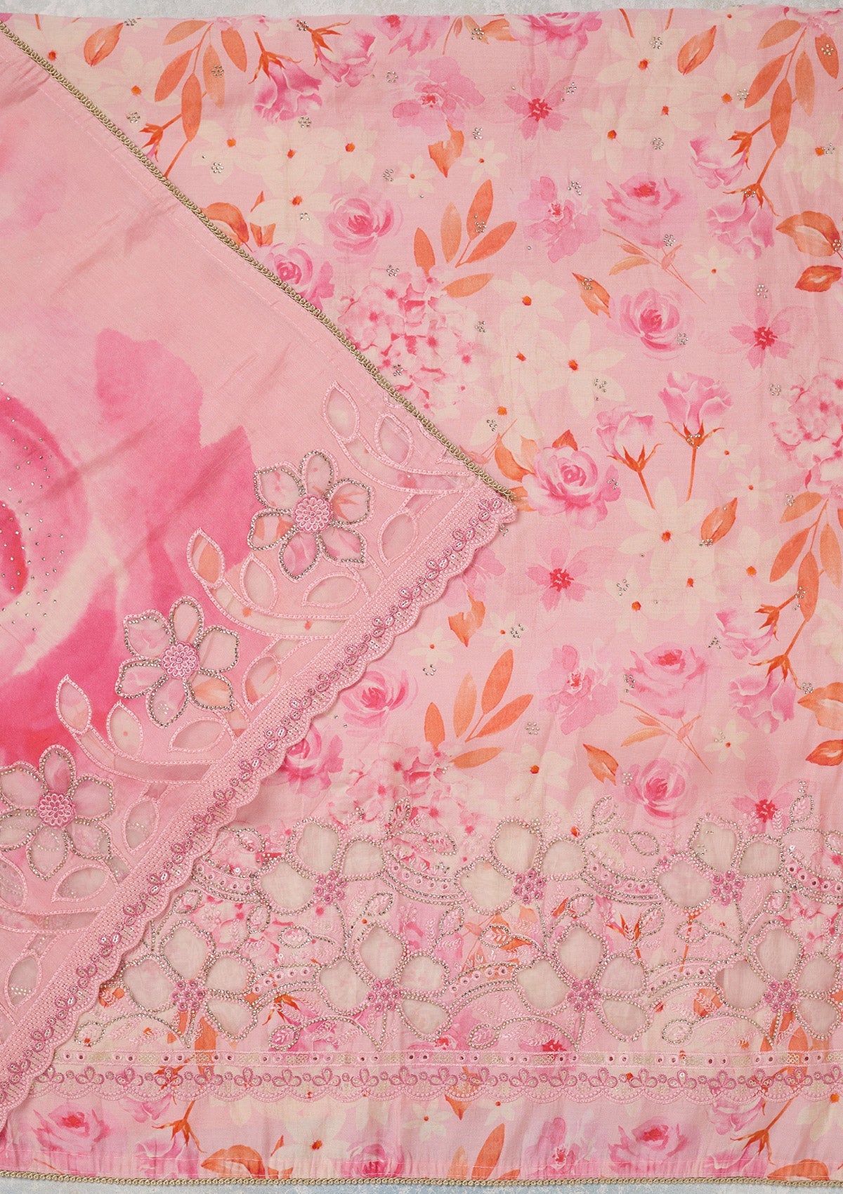Pink Stonework (Gold) Crepe Unstitched Salwar Suit