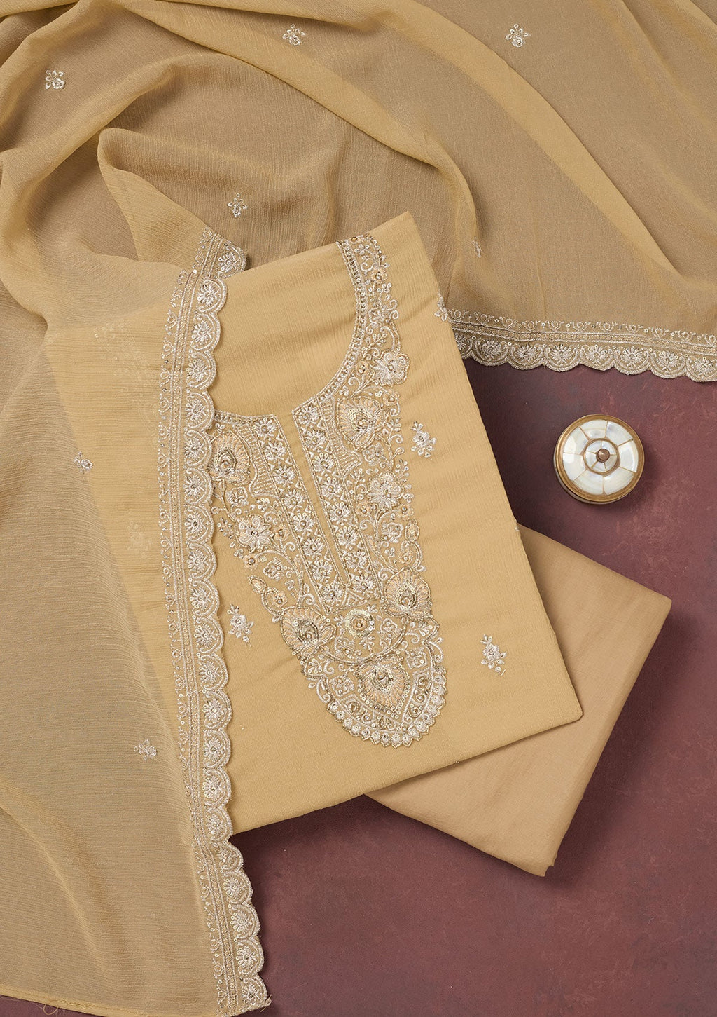 Beige Zariwork (Gold) Chinon Unstitched Salwar Suit