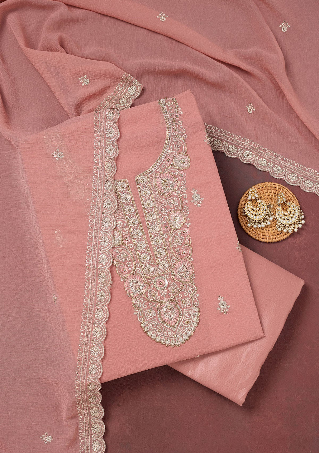 Onion Pink Zariwork (Gold) Chinon Unstitched Salwar Suit