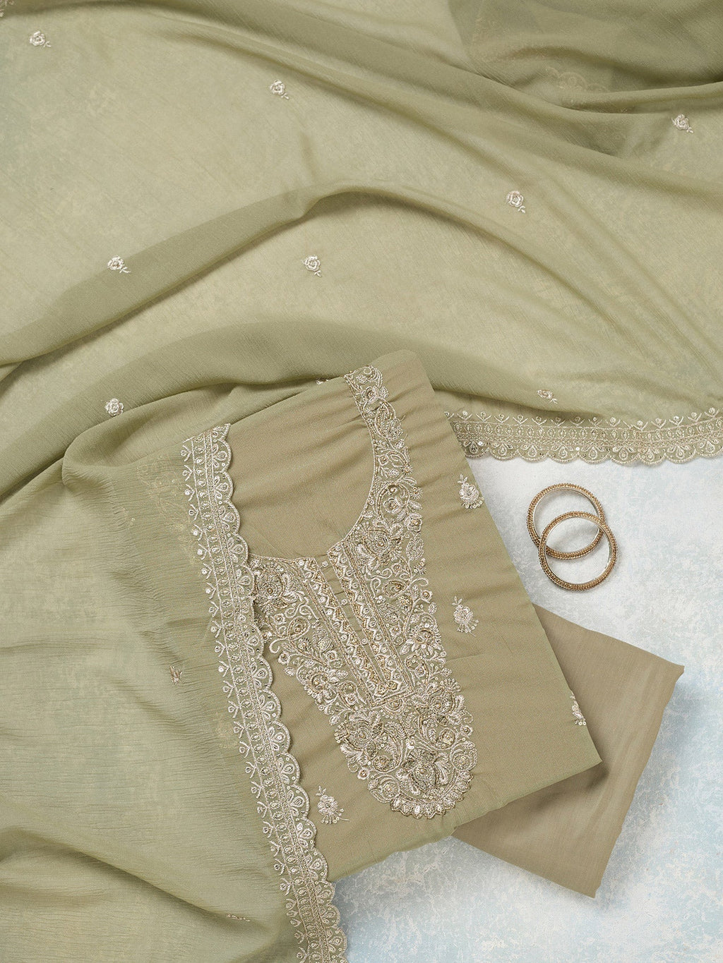 Pista Green Zariwork (Gold) Chinon Unstitched Salwar Suit