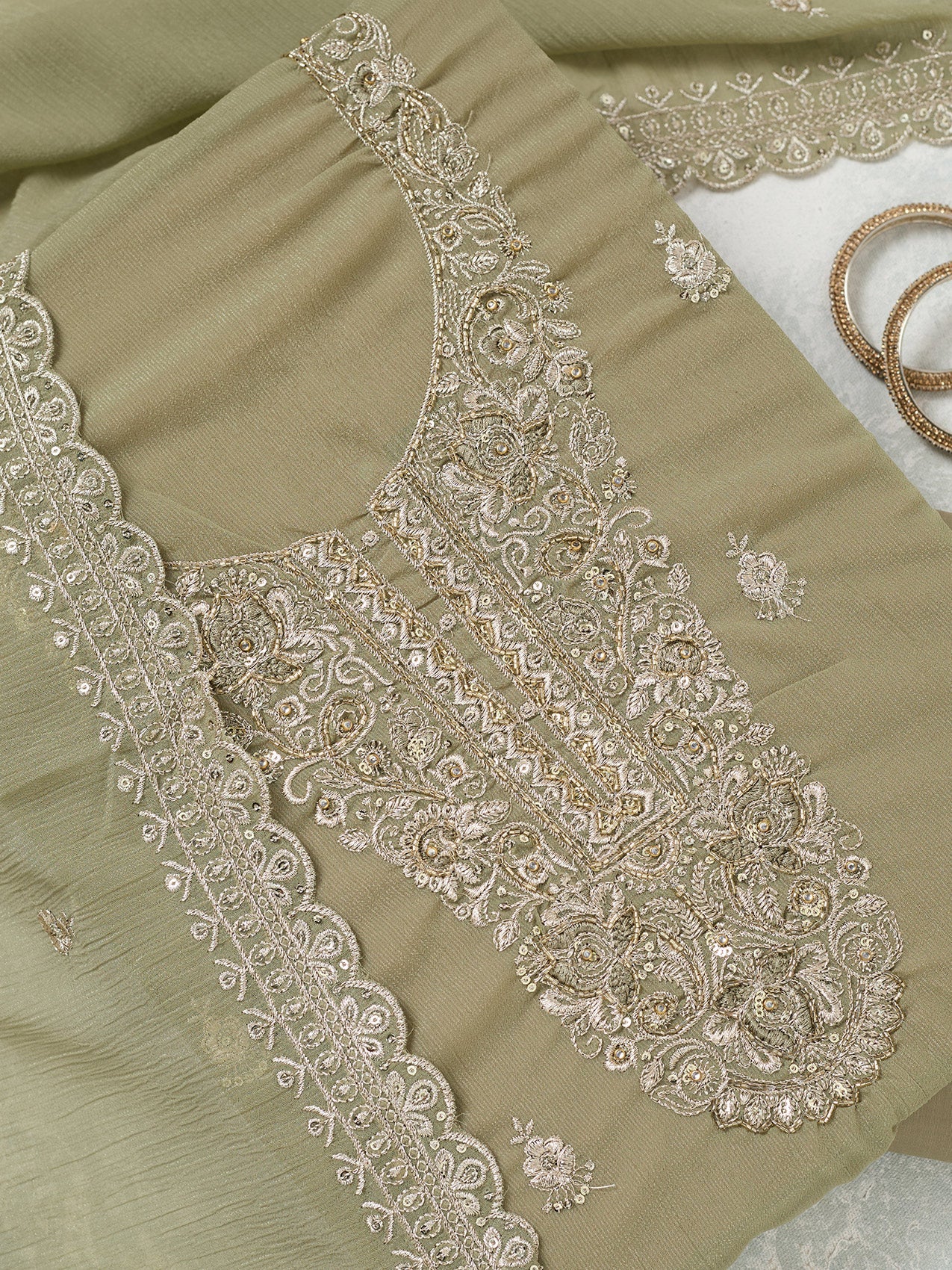 Pista Green Zariwork (Gold) Chinon Unstitched Salwar Suit