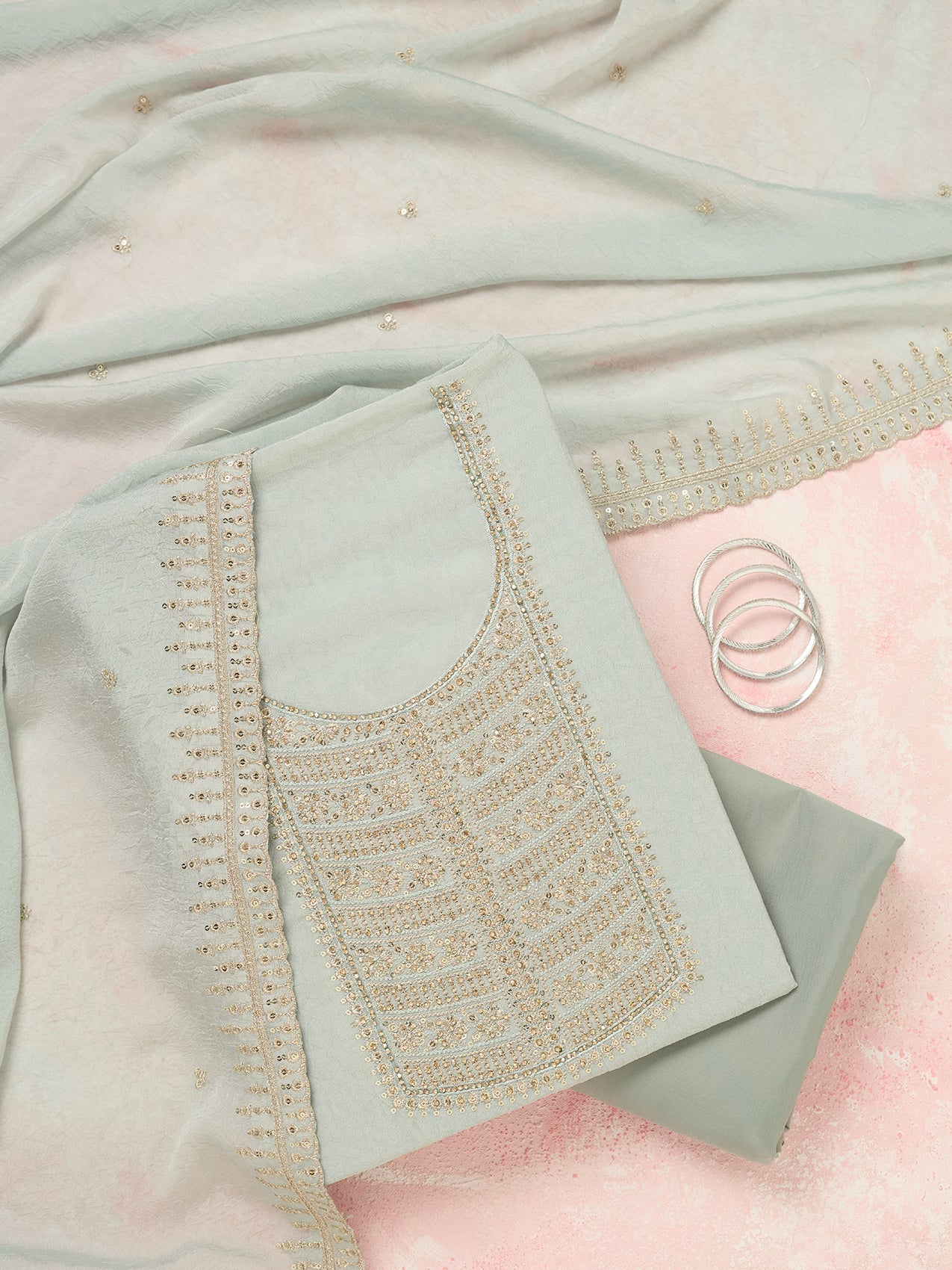 Light Grey Zariwork (Gold) Chinon Unstitched Salwar Suit