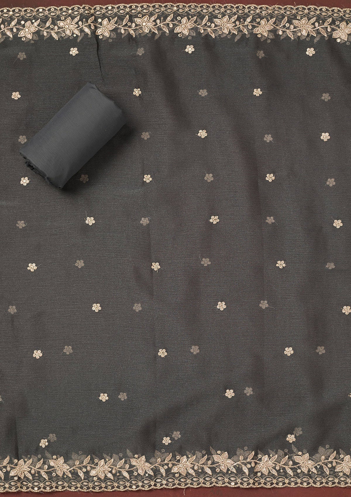Dark Grey Zariwork (Gold) Chinon Unstitched Salwar Suit