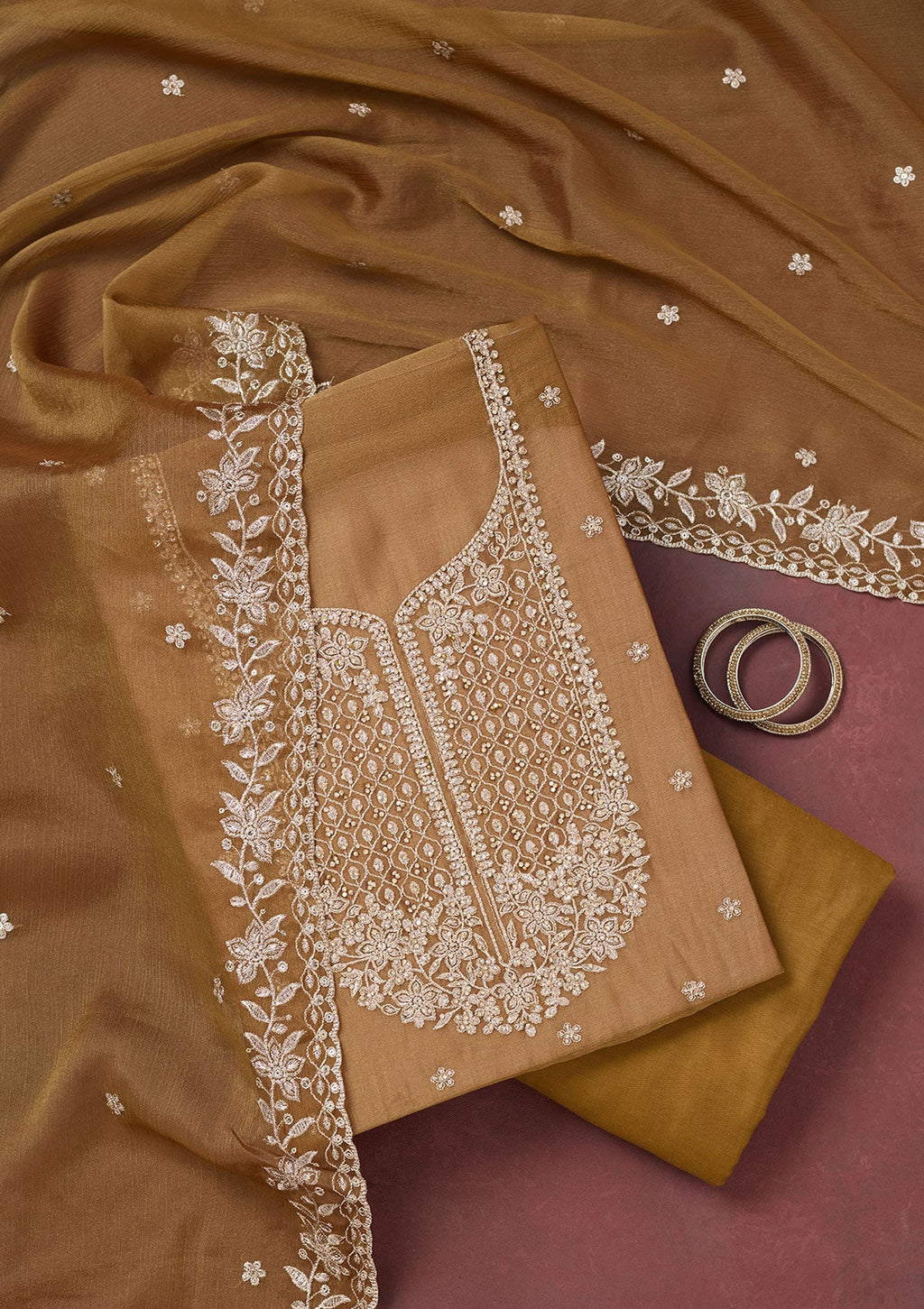 Light Brown Zariwork (Gold) Chinon Unstitched Salwar Suit