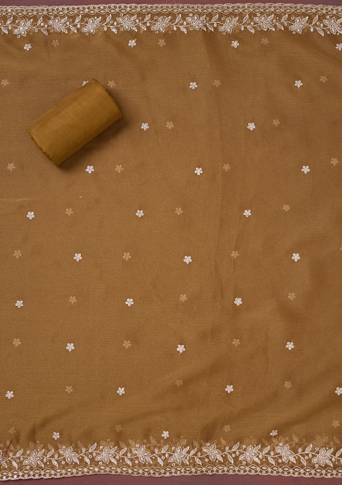 Light Brown Zariwork (Gold) Chinon Unstitched Salwar Suit