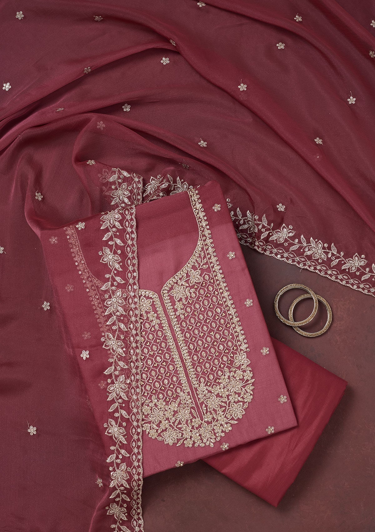 Onion Pink Zariwork (Gold) Chinon Unstitched Salwar Suit