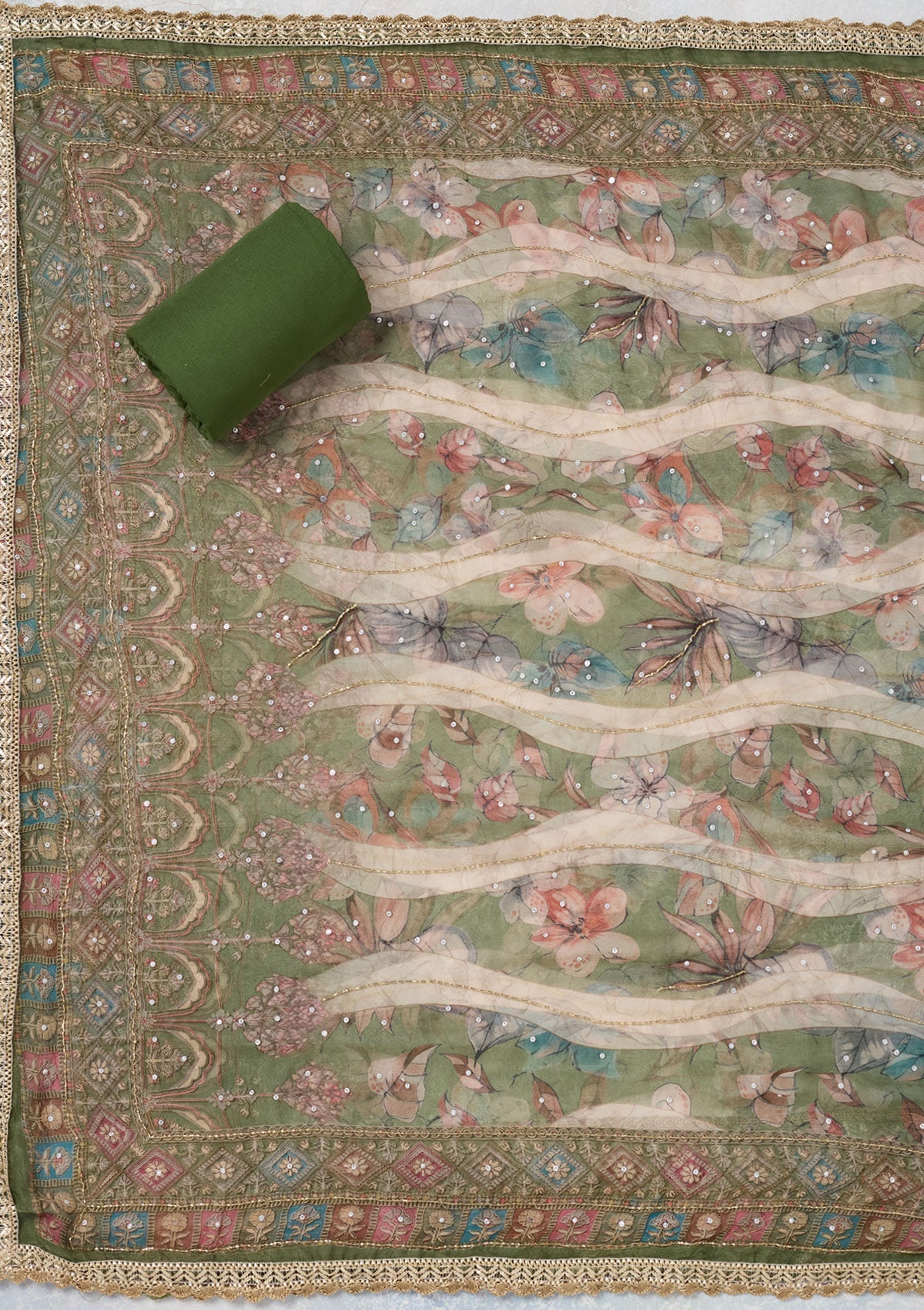 Leaf Green Cutdana Semi Crepe Unstitched Salwar Suit
