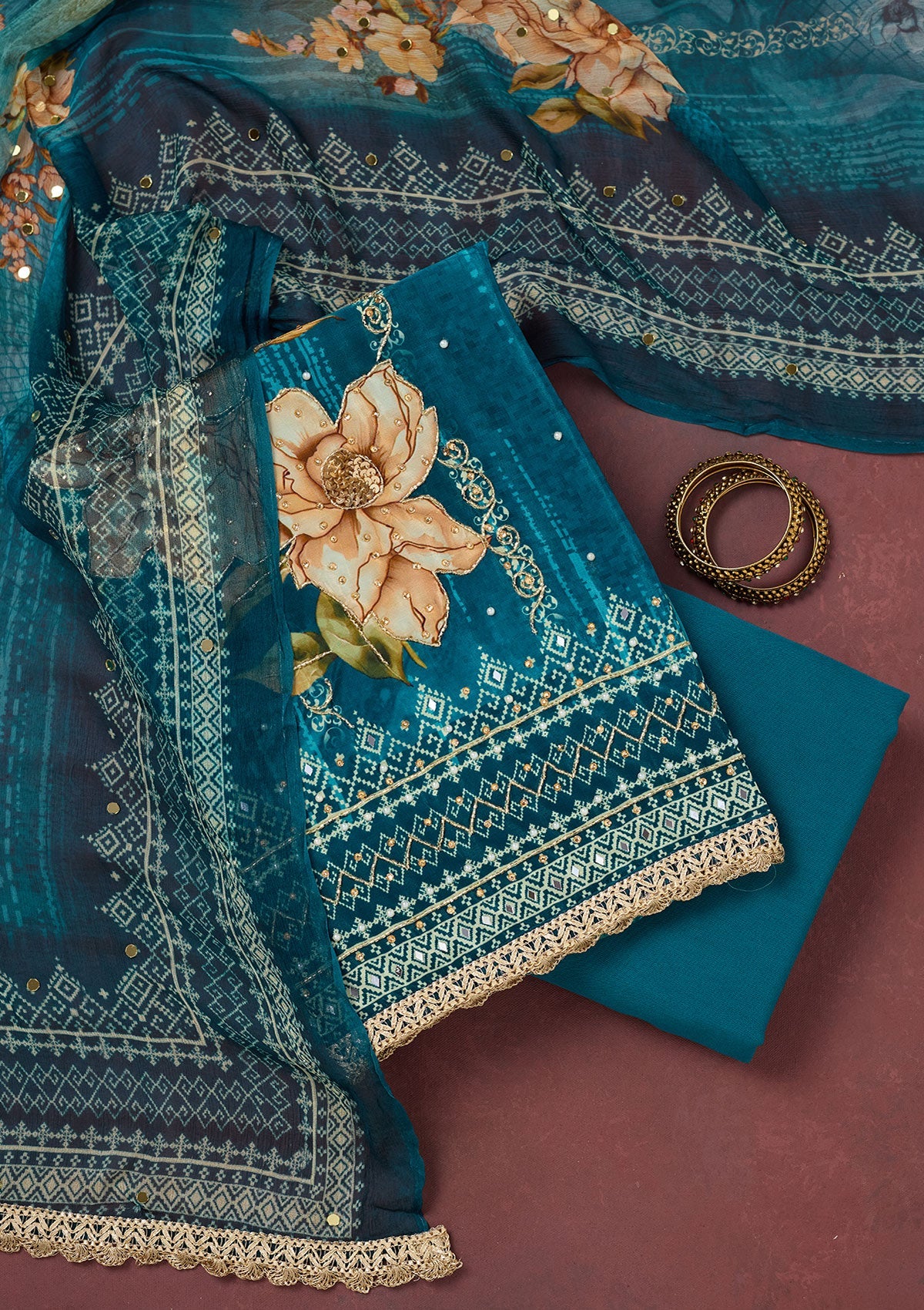 Peacock Blue Cutdana Semi Crepe Unstitched Salwar Suit