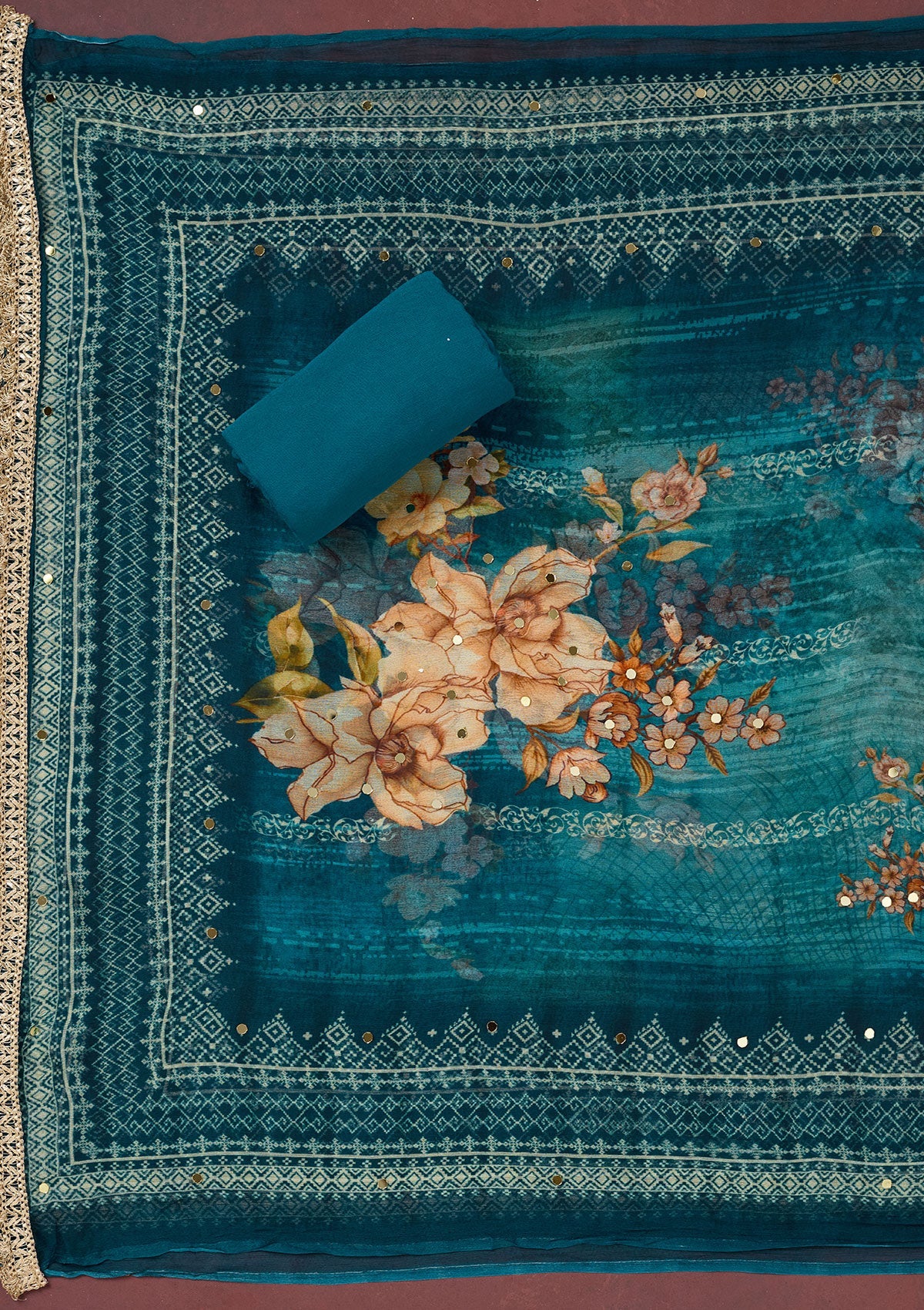 Peacock Blue Cutdana Semi Crepe Unstitched Salwar Suit