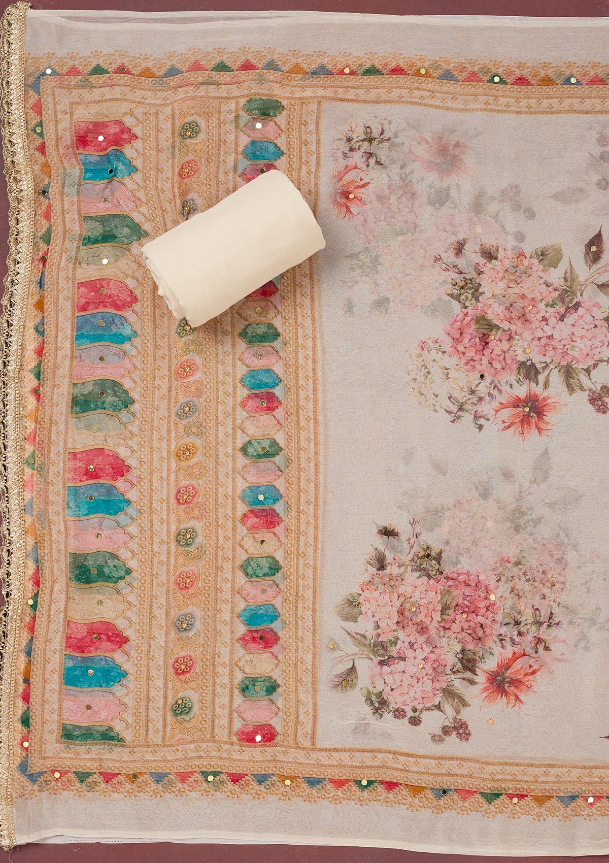 Off White Cutdana Semi Crepe Unstitched Salwar Suit