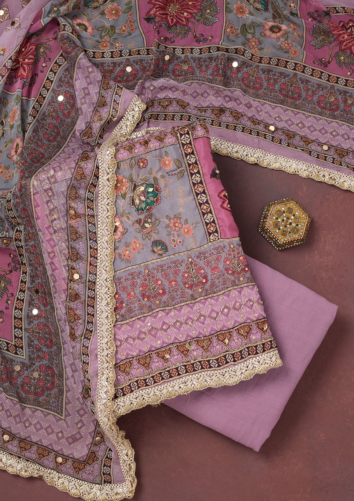 Lavender Cutdana Semi Crepe Unstitched Salwar Suit