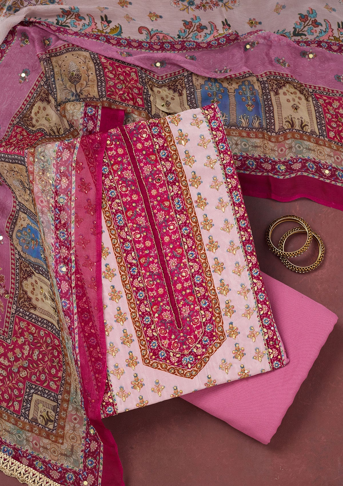 Onion Pink Cutdana Semi Crepe Unstitched Salwar Suit