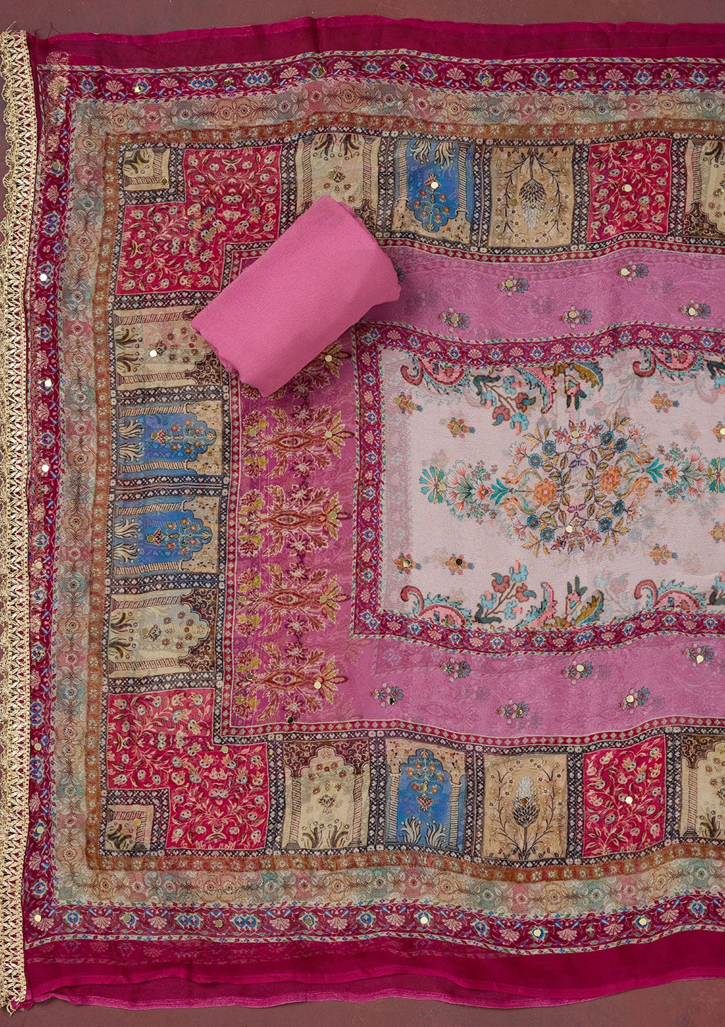 Onion Pink Cutdana Semi Crepe Unstitched Salwar Suit