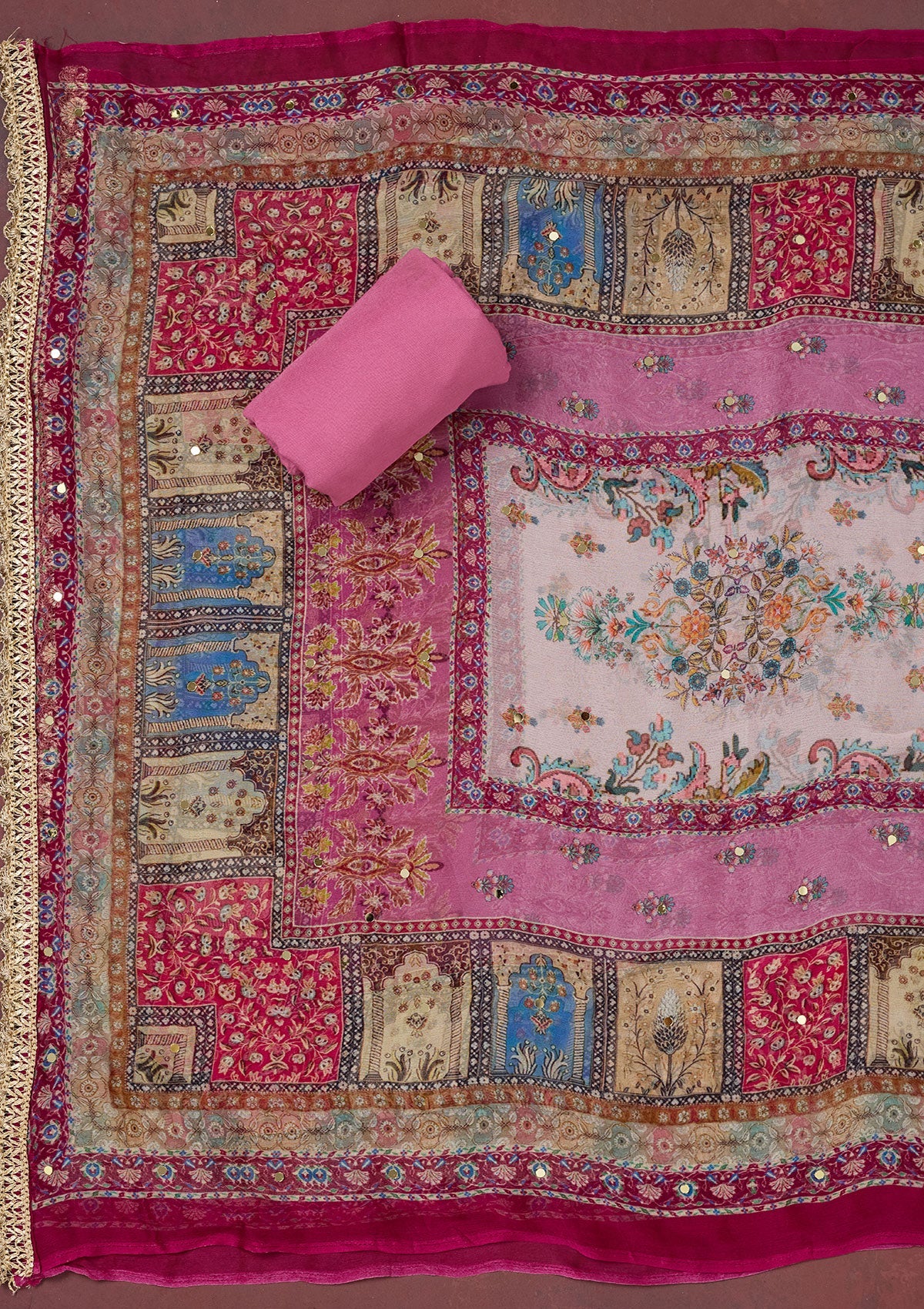 Onion Pink Cutdana Semi Crepe Unstitched Salwar Suit