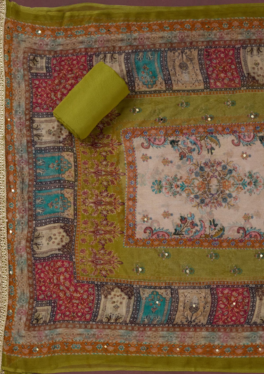Parrot Green Cutdana Semi Crepe Unstitched Salwar Suit