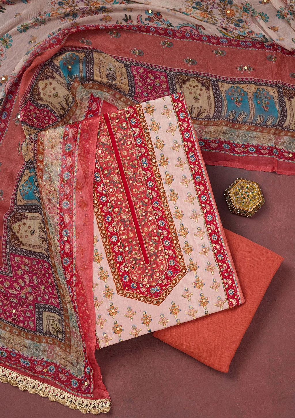 Rust Cutdana Semi Crepe Unstitched Salwar Suit