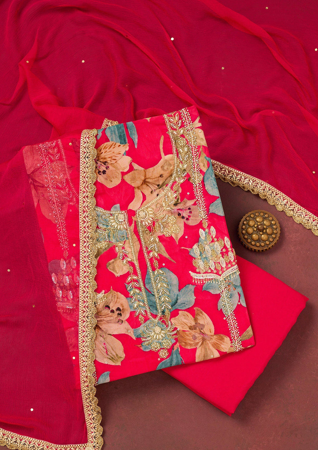 Rani Pink Cutdana Semi Crepe Unstitched Salwar Suit