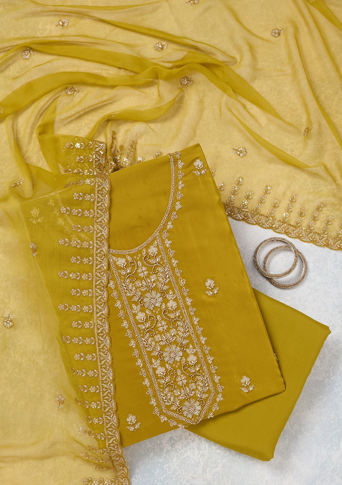 Mehendi Threadwork Semi Crepe Unstitched Salwar Suit