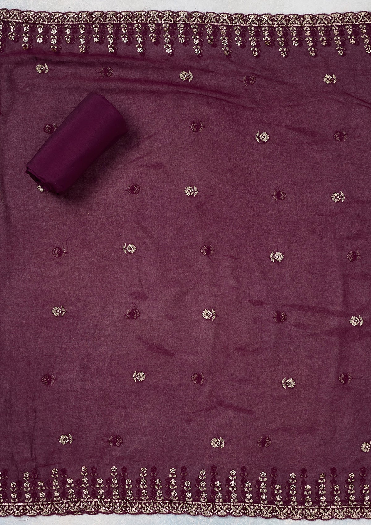 Wine Threadwork Semi Crepe Unstitched Salwar Suit