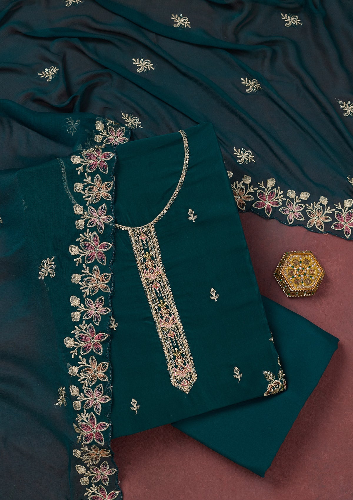 Peacock Blue Threadwork Semi Crepe Unstitched Salwar Suit