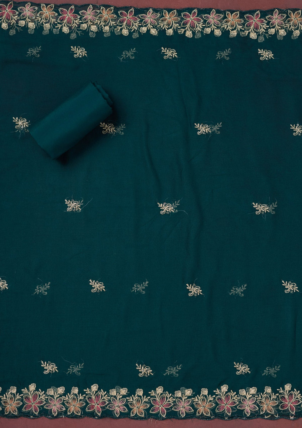 Peacock Blue Threadwork Semi Crepe Unstitched Salwar Suit