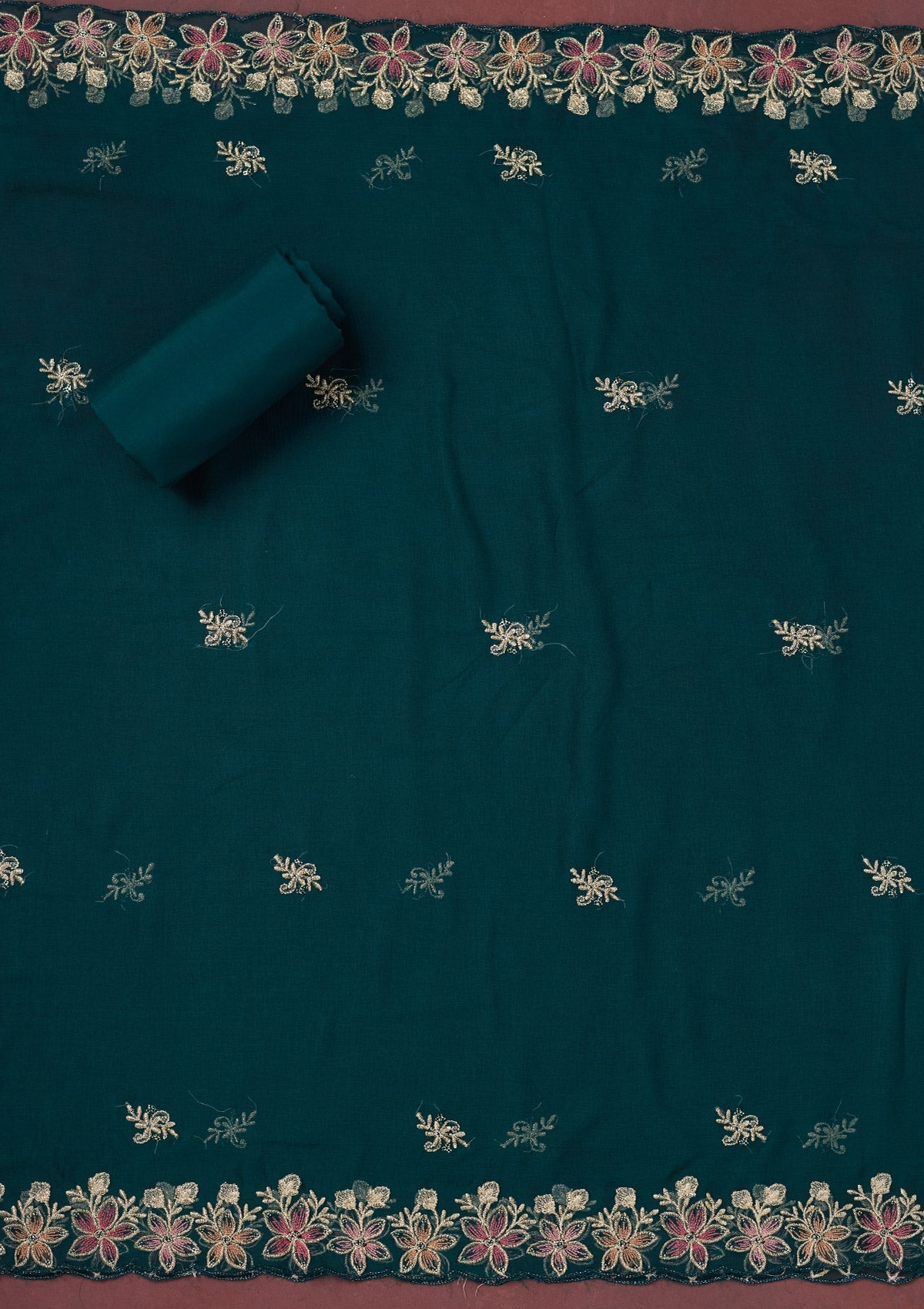 Peacock Blue Threadwork Semi Crepe Unstitched Salwar Suit