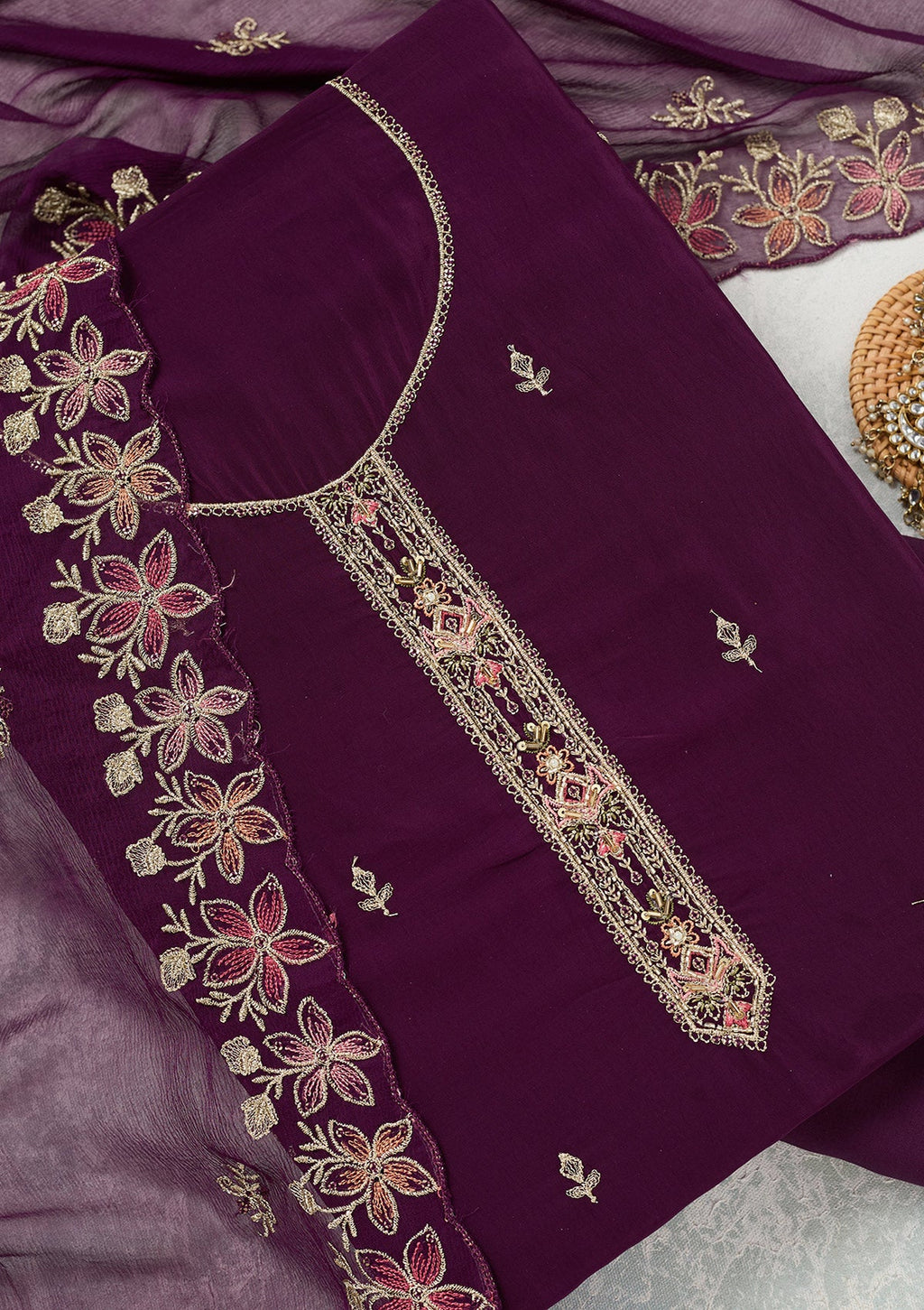 Wine Threadwork Semi Crepe Unstitched Salwar Suit