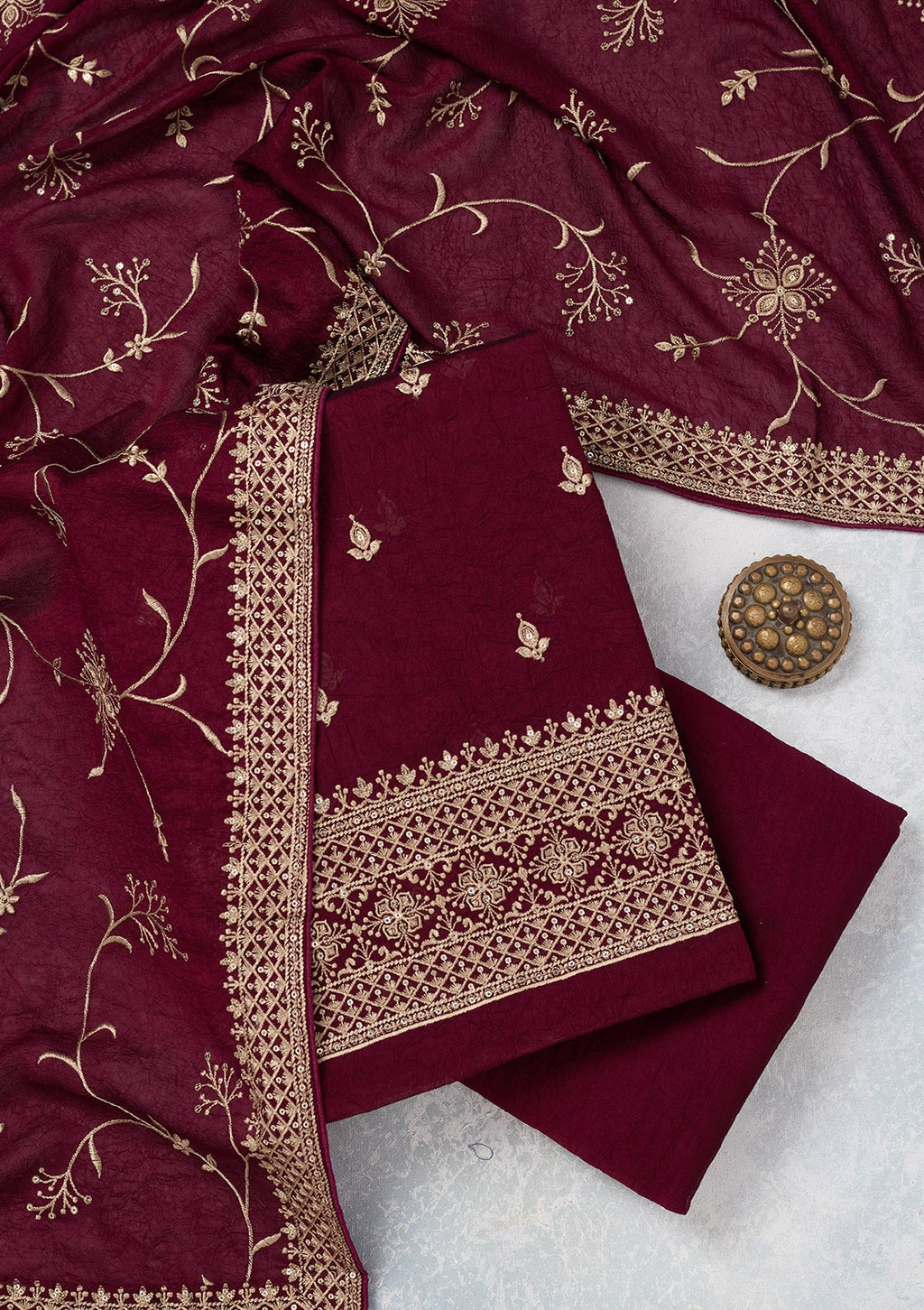 Wine Threadwork Georgette Unstitched Salwar Suit
