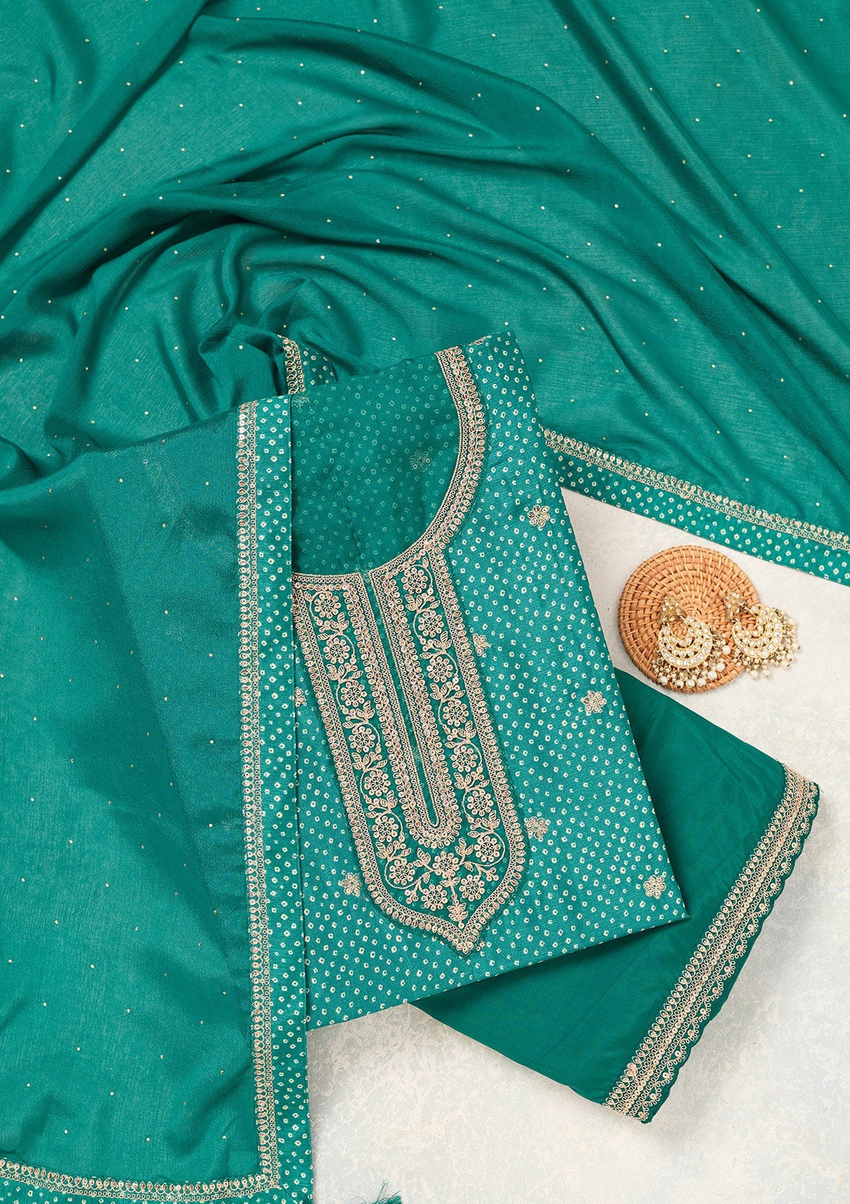 Rama Green Zariwork (Gold) Chinon Unstitched Salwar Suit