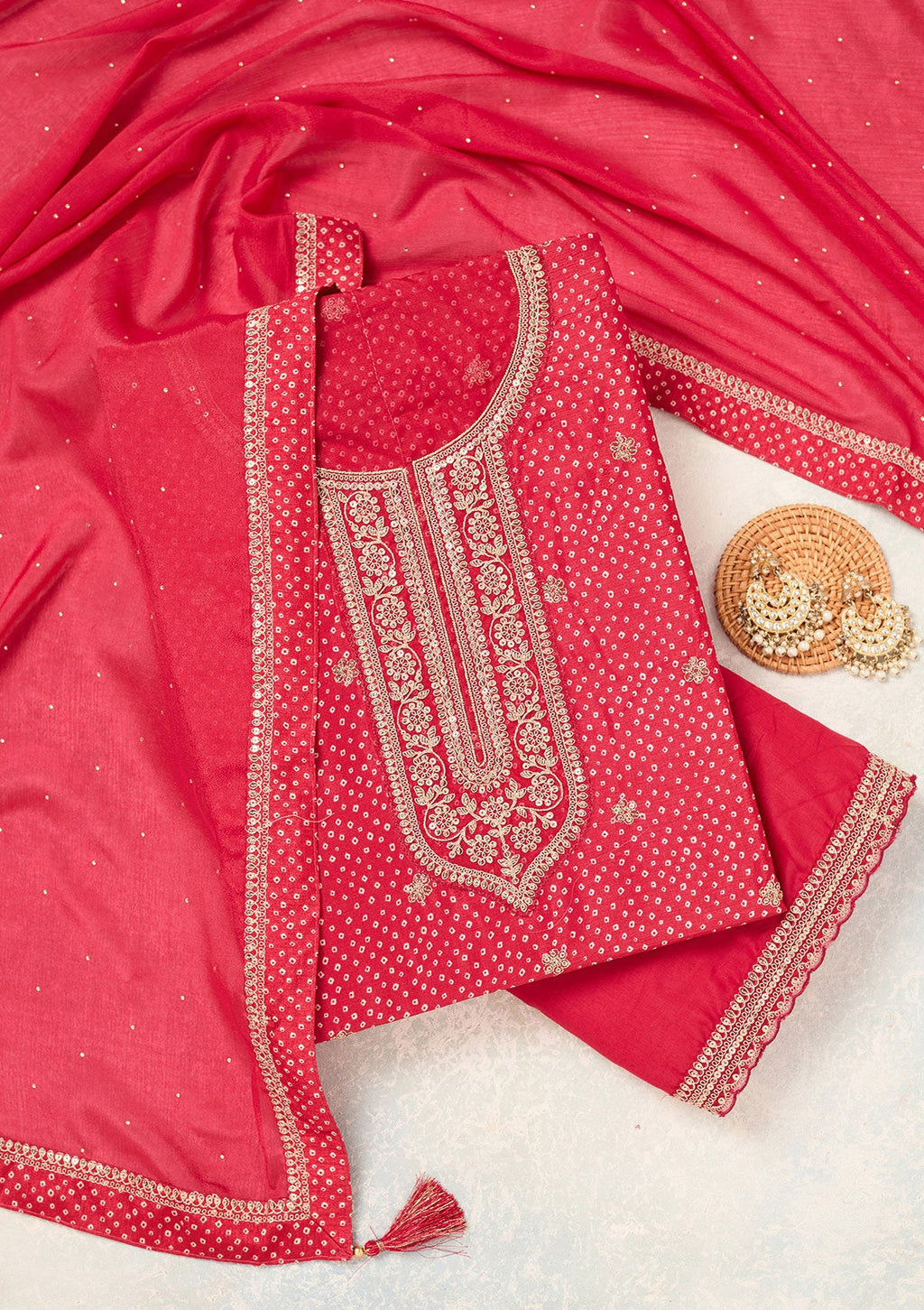 Red Zariwork (Gold) Chinon Unstitched Salwar Suit