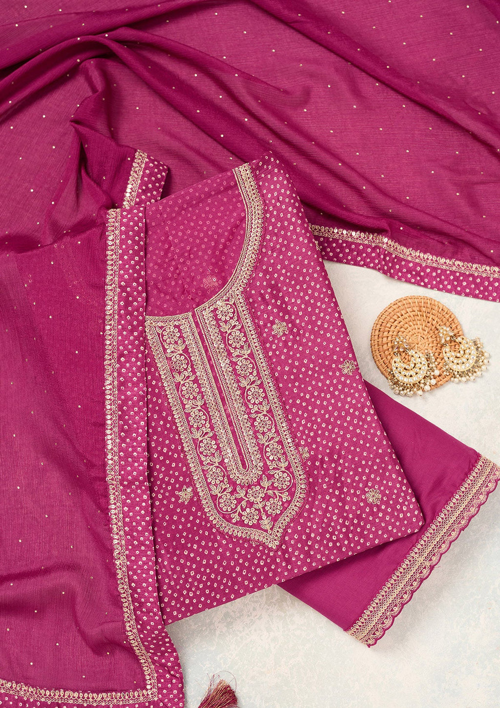 Wine Zariwork (Gold) Chinon Unstitched Salwar Suit