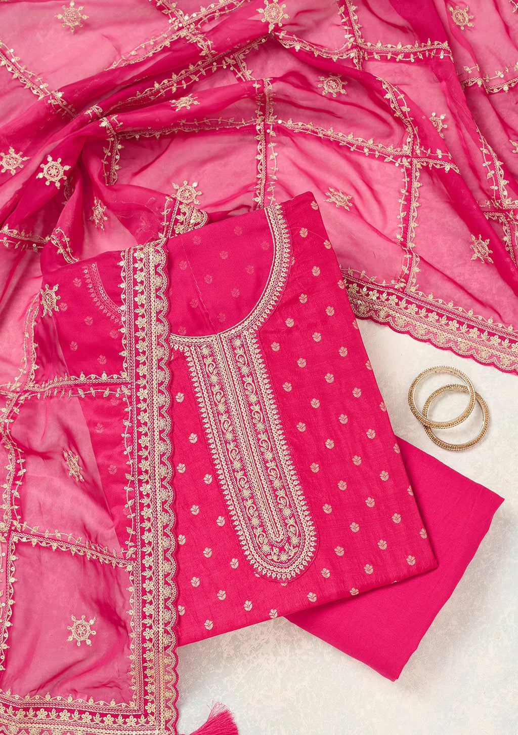 Rani Pink Zariwork (Gold) Chinon Unstitched Salwar Suit