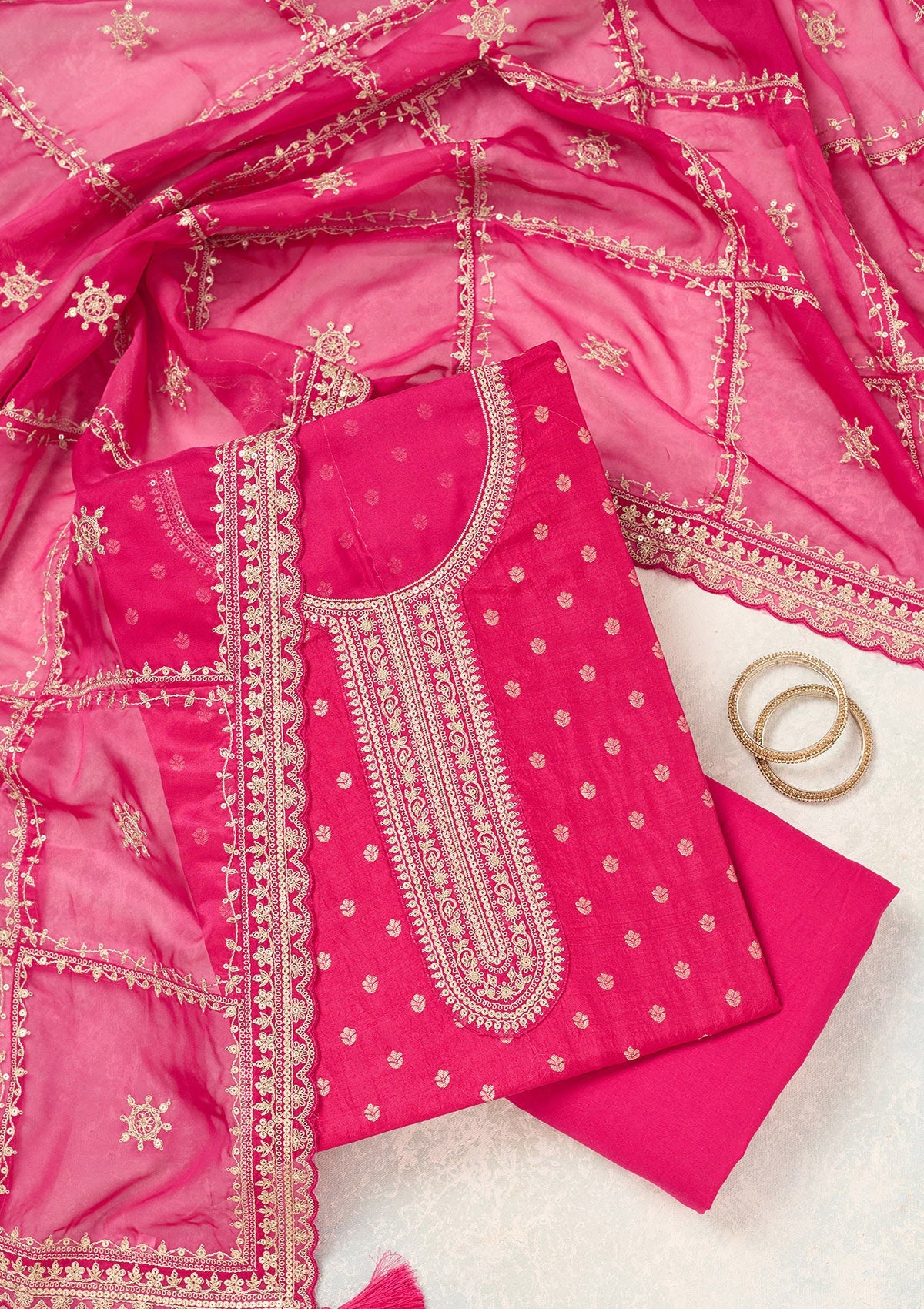 Rani Pink Zariwork (Gold) Chinon Unstitched Salwar Suit