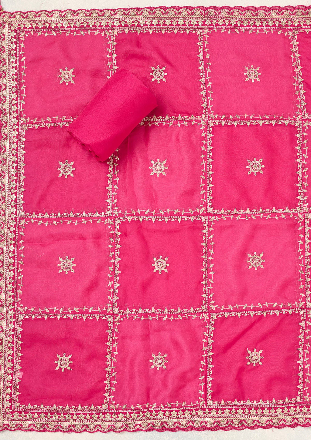 Rani Pink Zariwork (Gold) Chinon Unstitched Salwar Suit