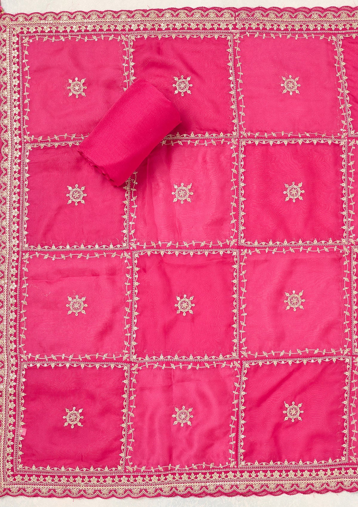 Rani Pink Zariwork (Gold) Chinon Unstitched Salwar Suit
