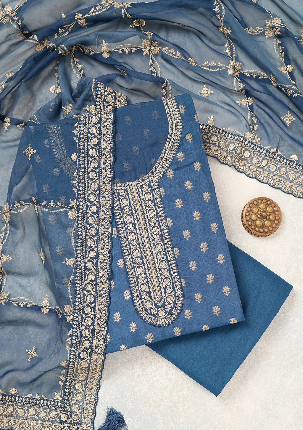 Peacock Blue Zariwork (Gold) Chinon Unstitched Salwar Suit