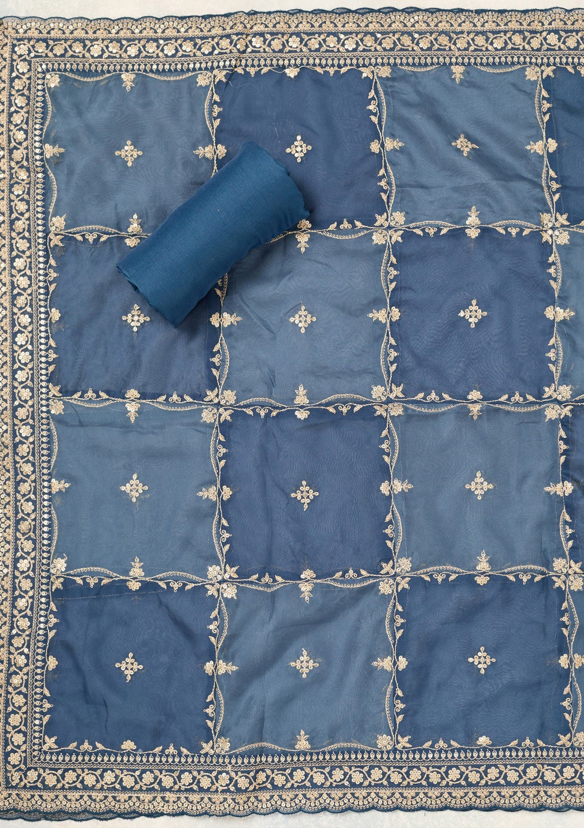 Peacock Blue Zariwork (Gold) Chinon Unstitched Salwar Suit