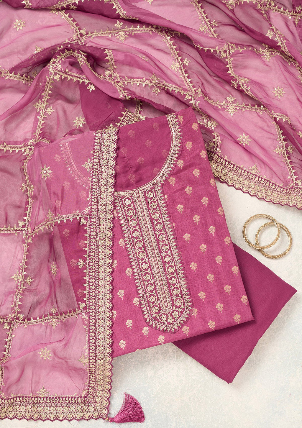 Wine Zariwork (Gold) Chinon Unstitched Salwar Suit