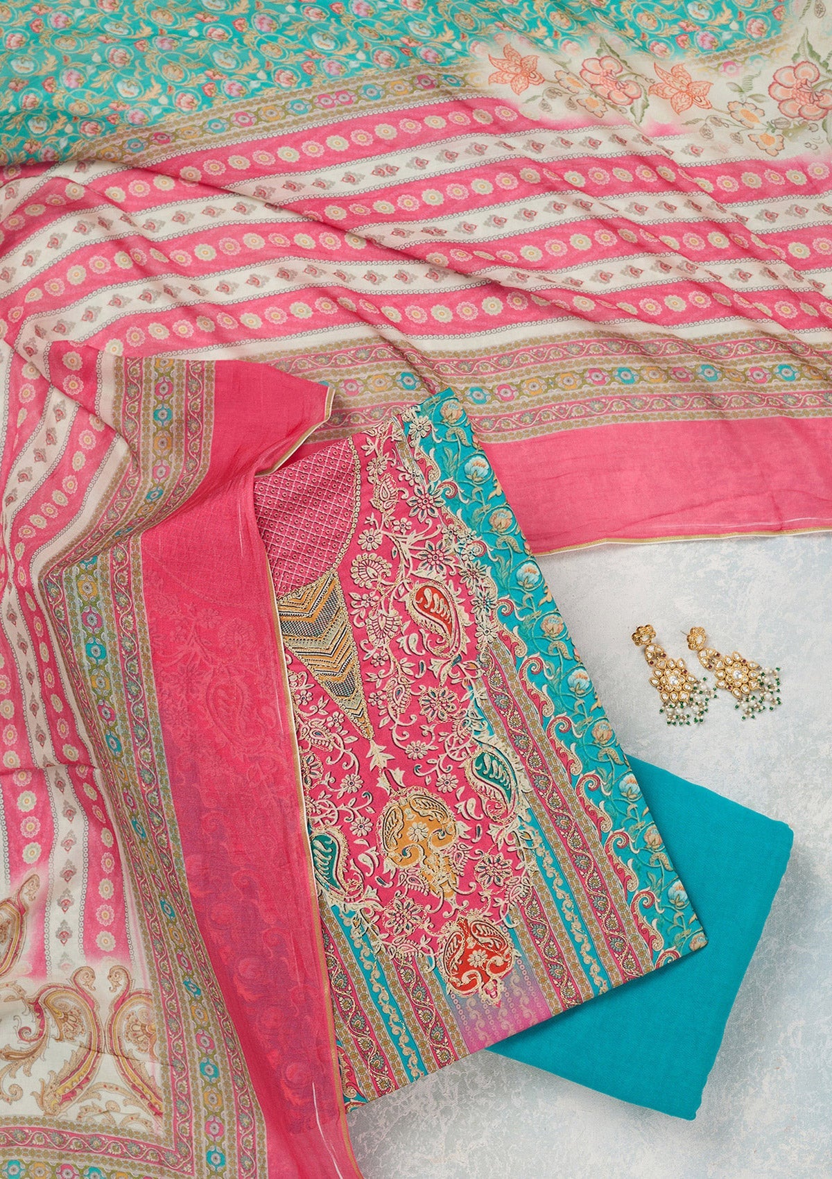 Rani Pink Zariwork (Gold) Semi Crepe Unstitched Salwar Suit