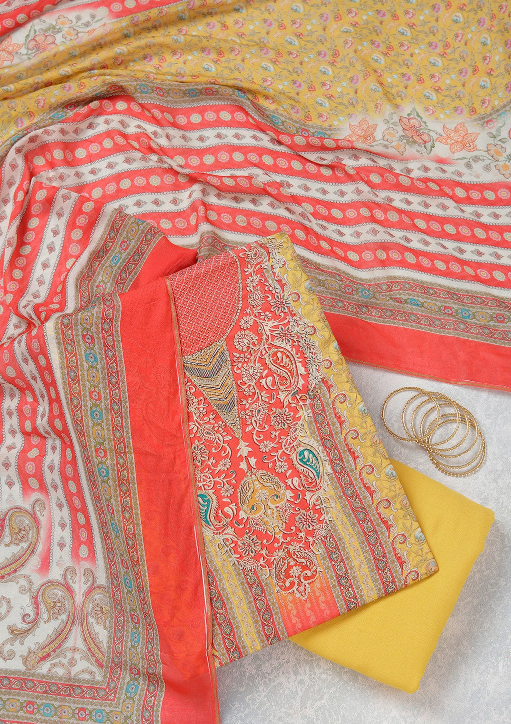 Red Zariwork (Gold) Semi Crepe Unstitched Salwar Suit