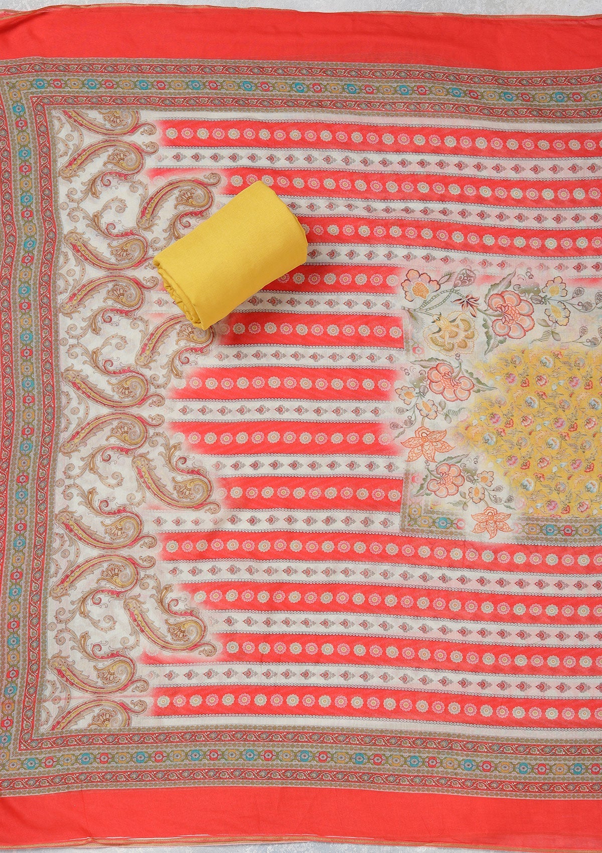 Red Zariwork (Gold) Semi Crepe Unstitched Salwar Suit