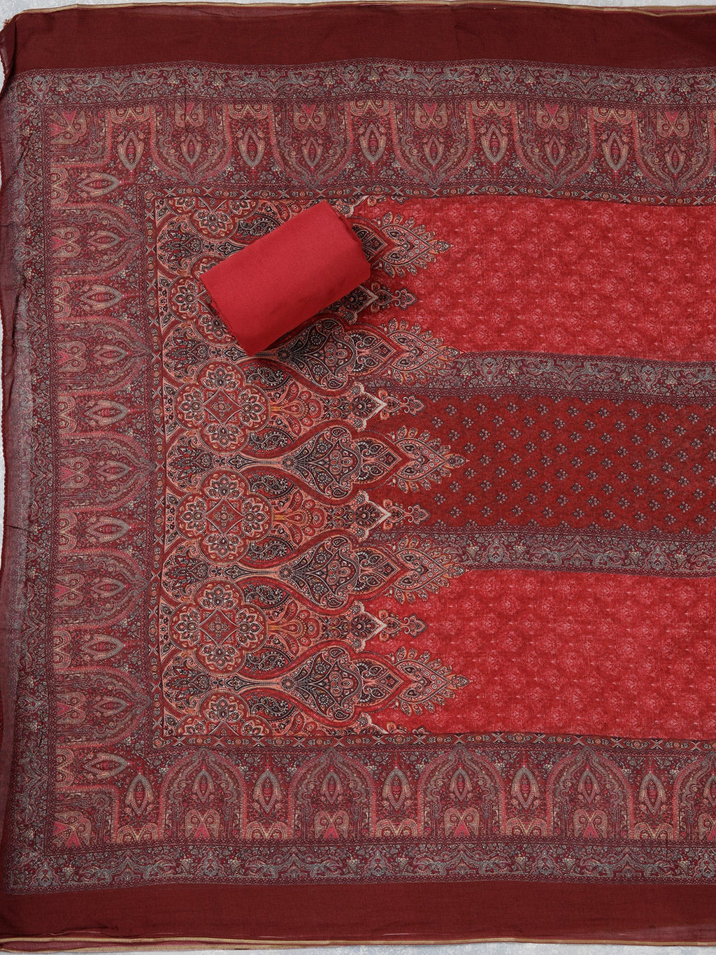 Maroon Zariwork (Gold) Semi Crepe Unstitched Salwar Suit