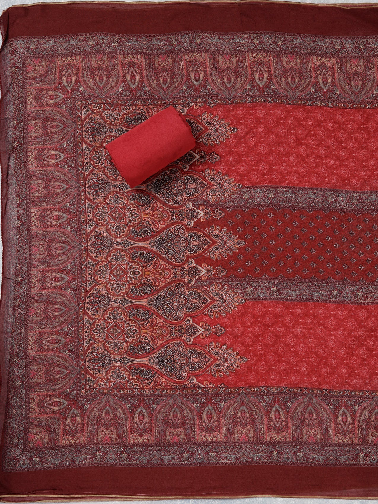 Maroon Zariwork (Gold) Semi Crepe Unstitched Salwar Suit