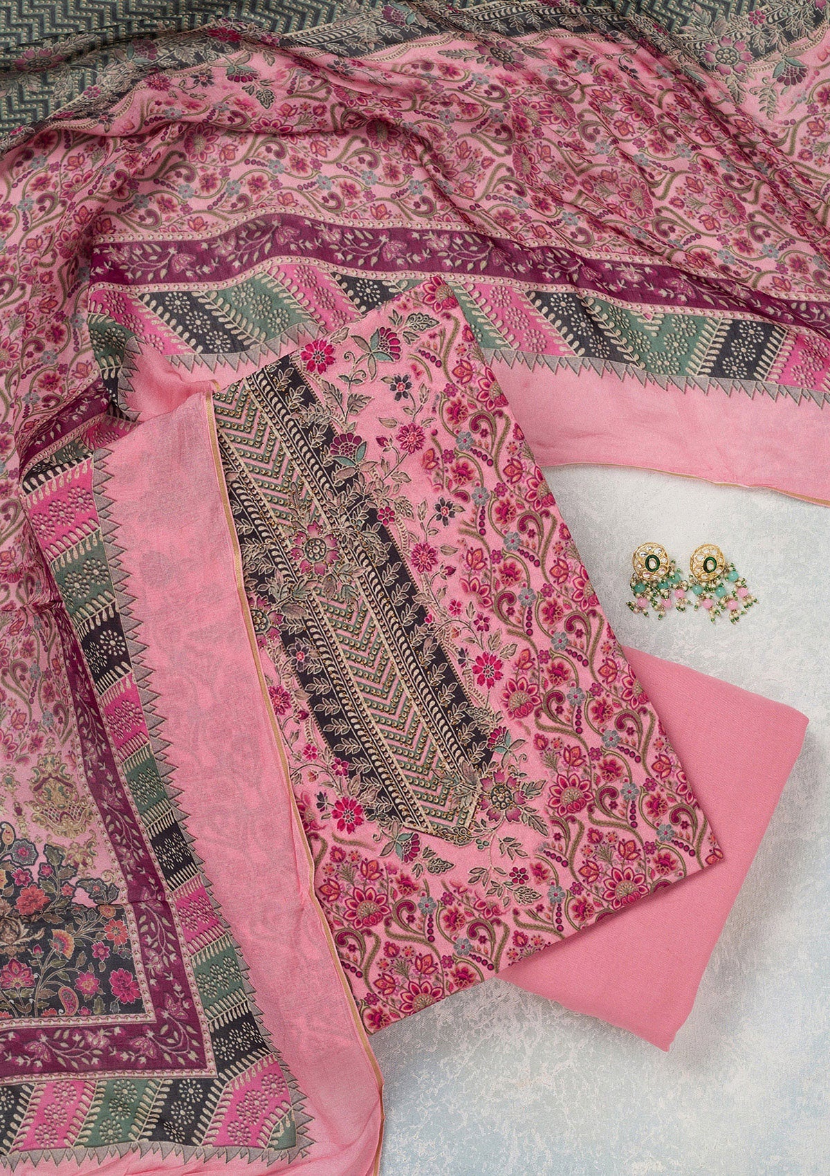 Pink Zariwork Semi Crepe Unstitched Salwar Suit