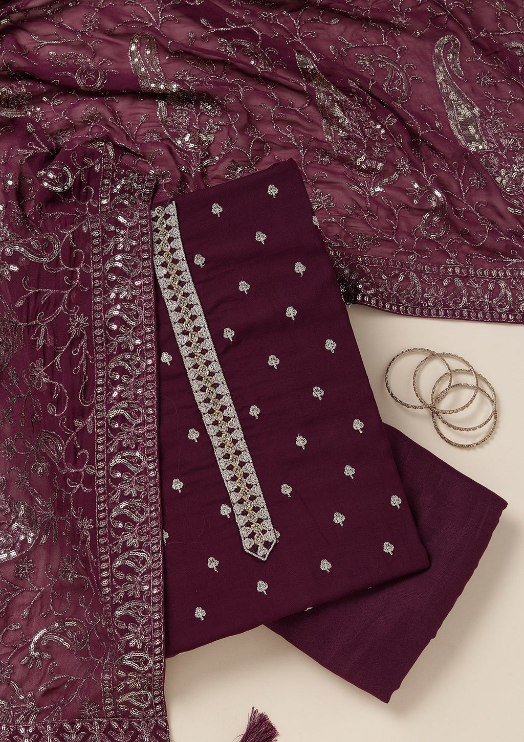 Purple Sequins Organza Unstitched Salwar Suit