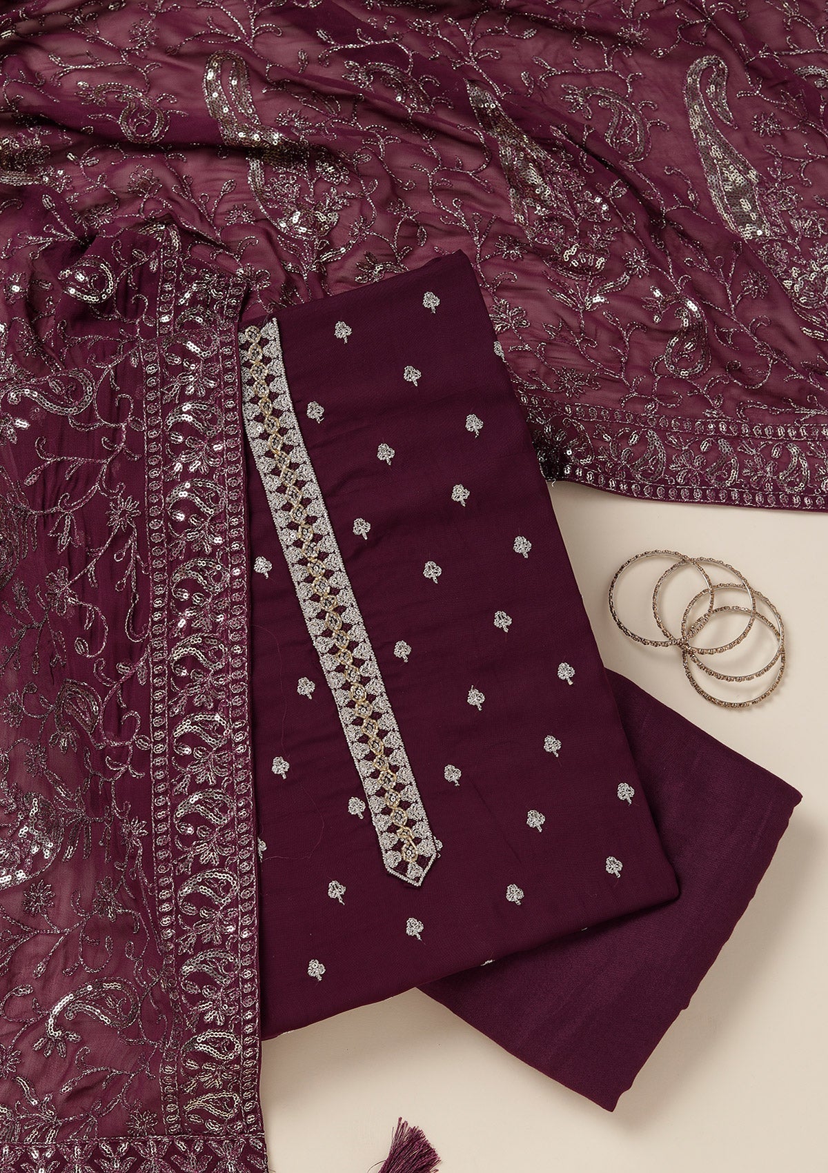 Purple Sequins Organza Unstitched Salwar Suit