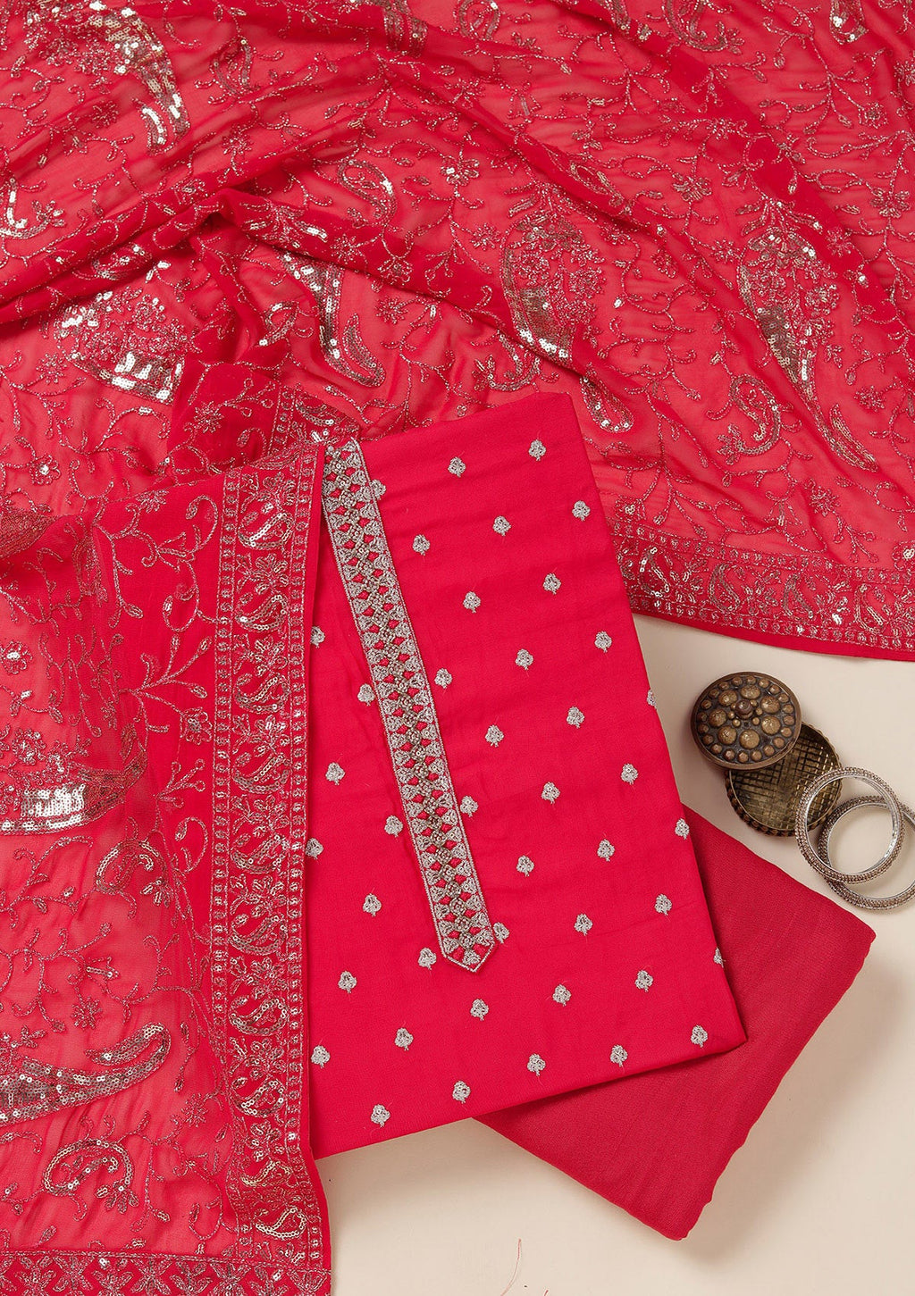 Rani Pink Sequins Organza Unstitched Salwar Suit
