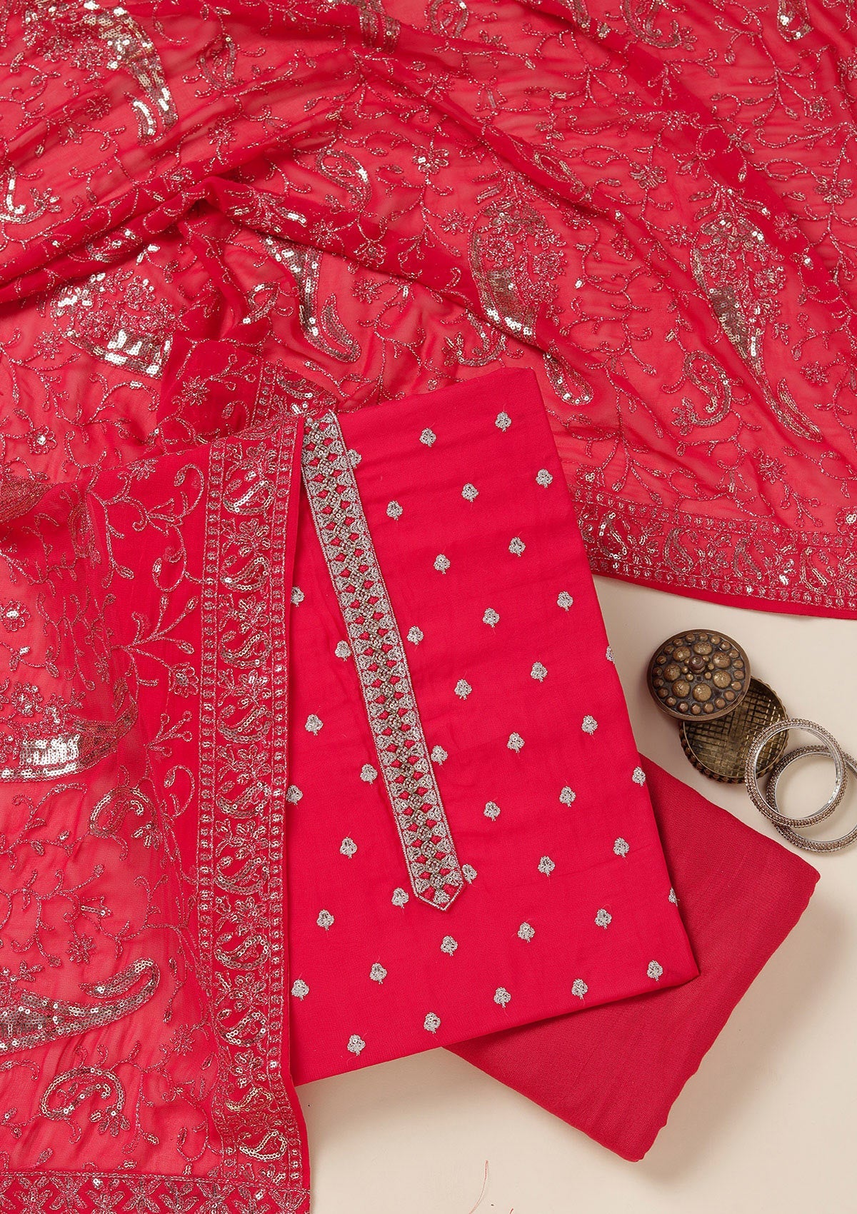 Rani Pink Sequins Organza Unstitched Salwar Suit