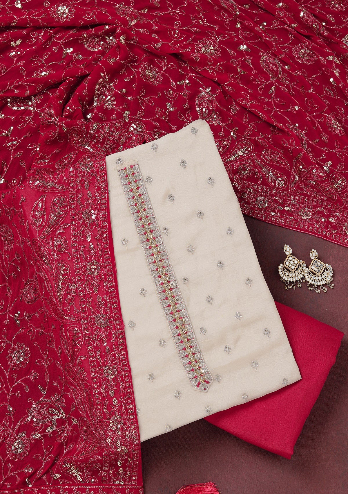 Beige Sequins Organza Unstitched Salwar Suit